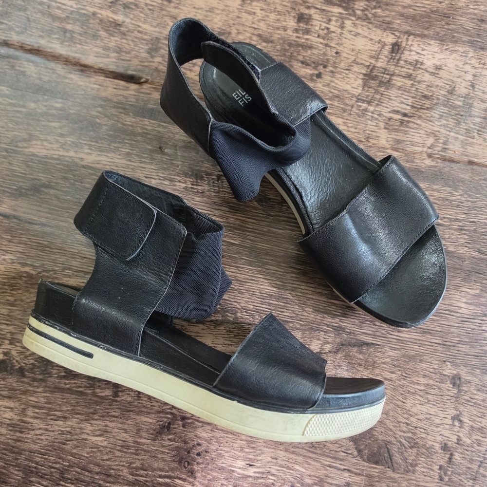 EILEEN FISHER Platform Sandals Womens 8 Black Leather Elastic Ankle Strap Sporty